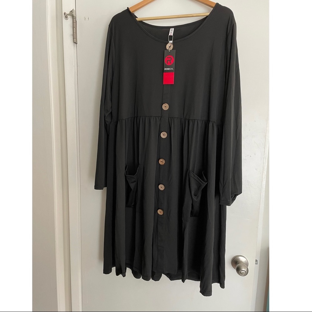 Black Skater Shirt Dress with Wood Buttons